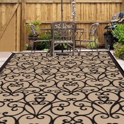 Outdoor Rug 5×8 ft Vintage Vine Texture Weave for Patio, Foldable Reversible Plastic Straw Camping Rug, Carpet Area Rugs Mat for RV, Porch, Deck, Camper, Balcony, Backyard, Picnic, Beach