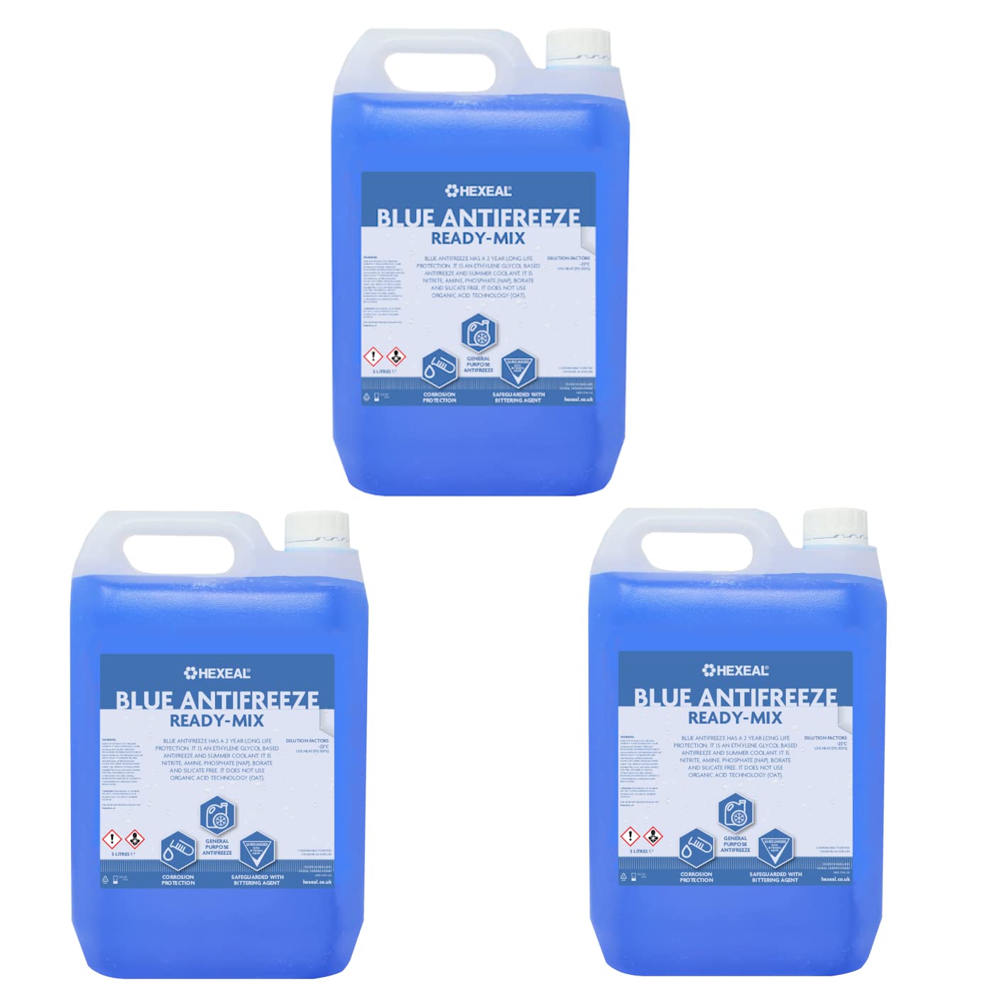 HexealBlue Antifreeze 15L – 3 x 5L of Ready Mix Long Life Engine Coolant & Antifreeze for Cars & Vans – Summer & Winter – All Year Freeze Protection to -23 Degrees Celsius