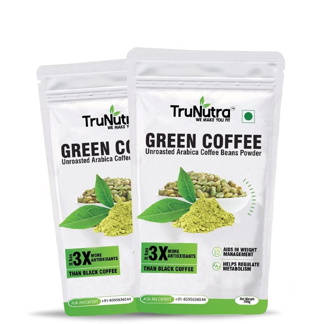 TruNutra_Green Coffee Powder For Manage 400g | Unroasted Arabica Grano Coffee Extract | Metaboilsm Booster Instant Coffee | Green Coffee 200gm (Pack 2)