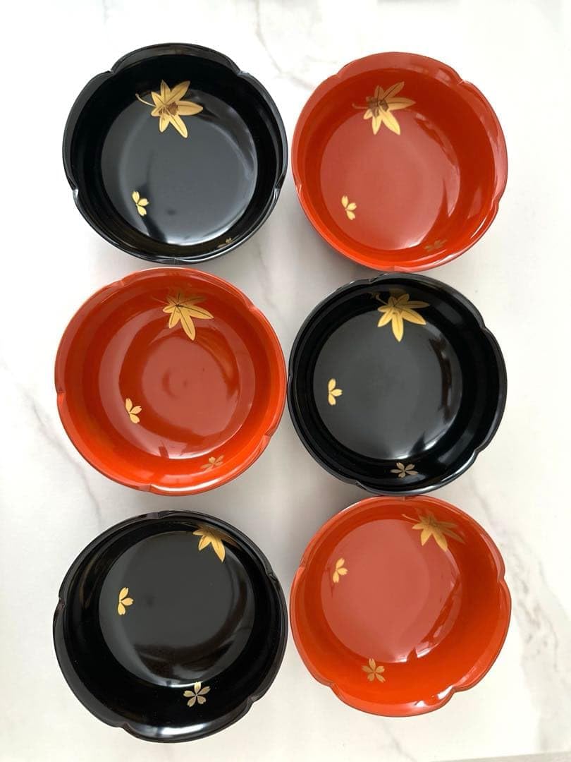 輪島塗 市中屋 春秋小鉢 赤黒６個セットＡ 金紅葉 桜