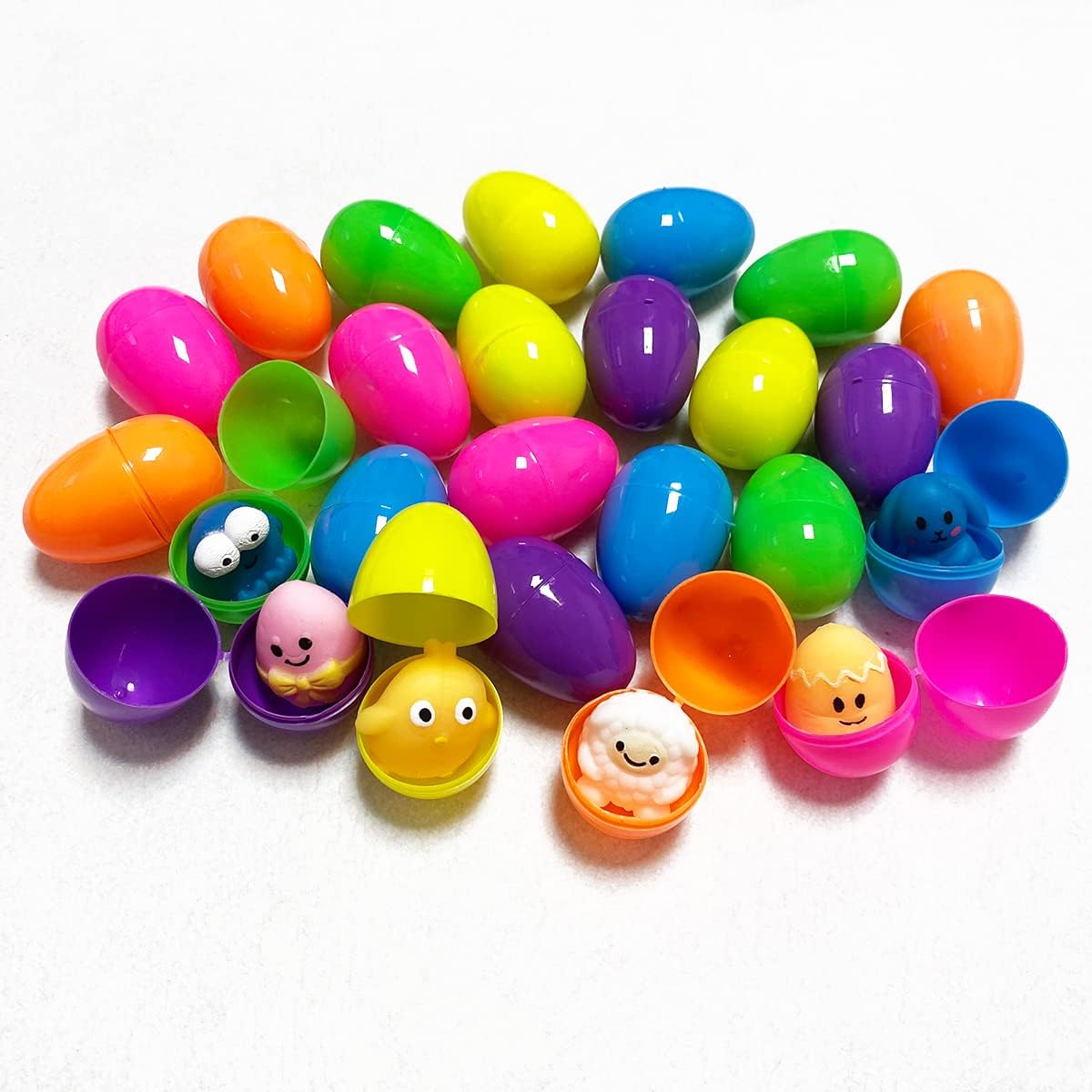 JoFAN 24 Pack Plastic Prefilled Easter Eggs with Easter Mochi Squishy Toys Inside for Kids Boys Girls Toddlers
