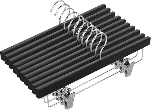 AMKUFO 20 perchas de madera para pantalones, perchas sólidas para pantalones con clips ajustables de 14 pulgadas, perchas de madera negra para