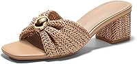 Coutgo Women's Low Chunky Block Heel Raffia Sandals - Square Open Toe Slip-On Slides for Summer Beach & Dress