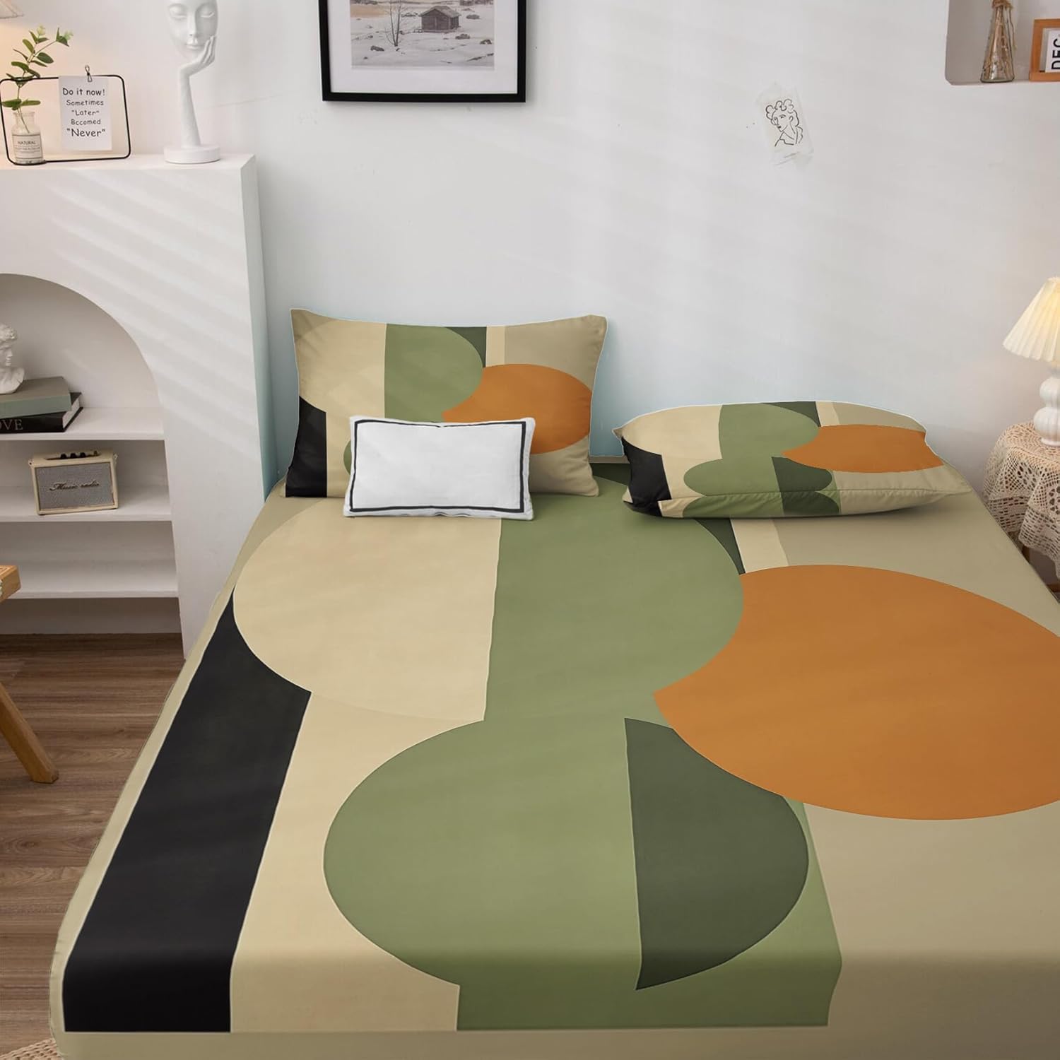 Mid Century Modern Sheets Queen Size, Neutral Geometric Bed Sheet Set, Olive Green Orange Bedding Sheet Sets 4 Piece, Soft Microfiber Deep Pocket Fitted Sheet & Flat Sheet & 2 Pillowcases