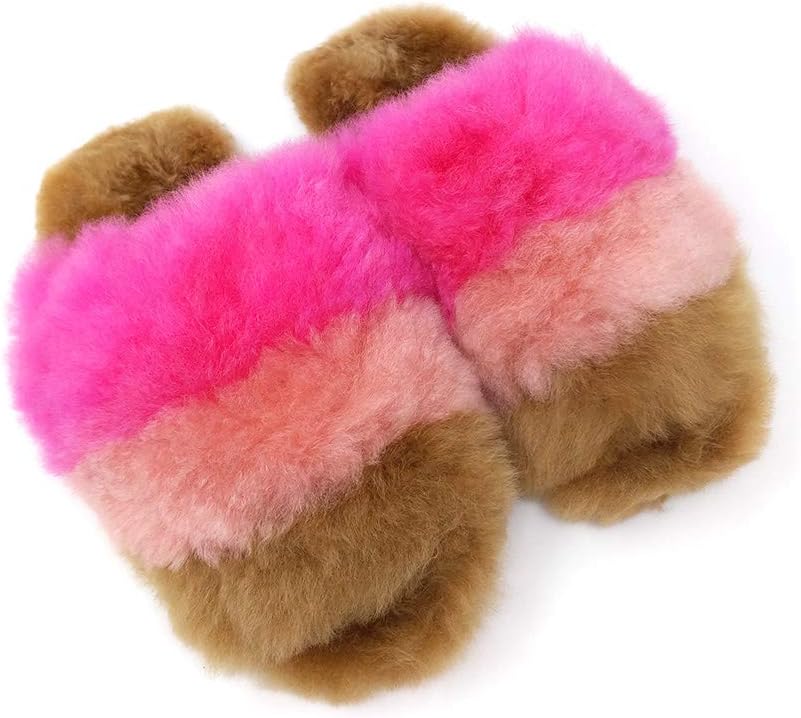 Inca Fashions - Women's Luxury 100% Baby Alpaca Fur Slippers, Striped, Open-Toe House Shoes