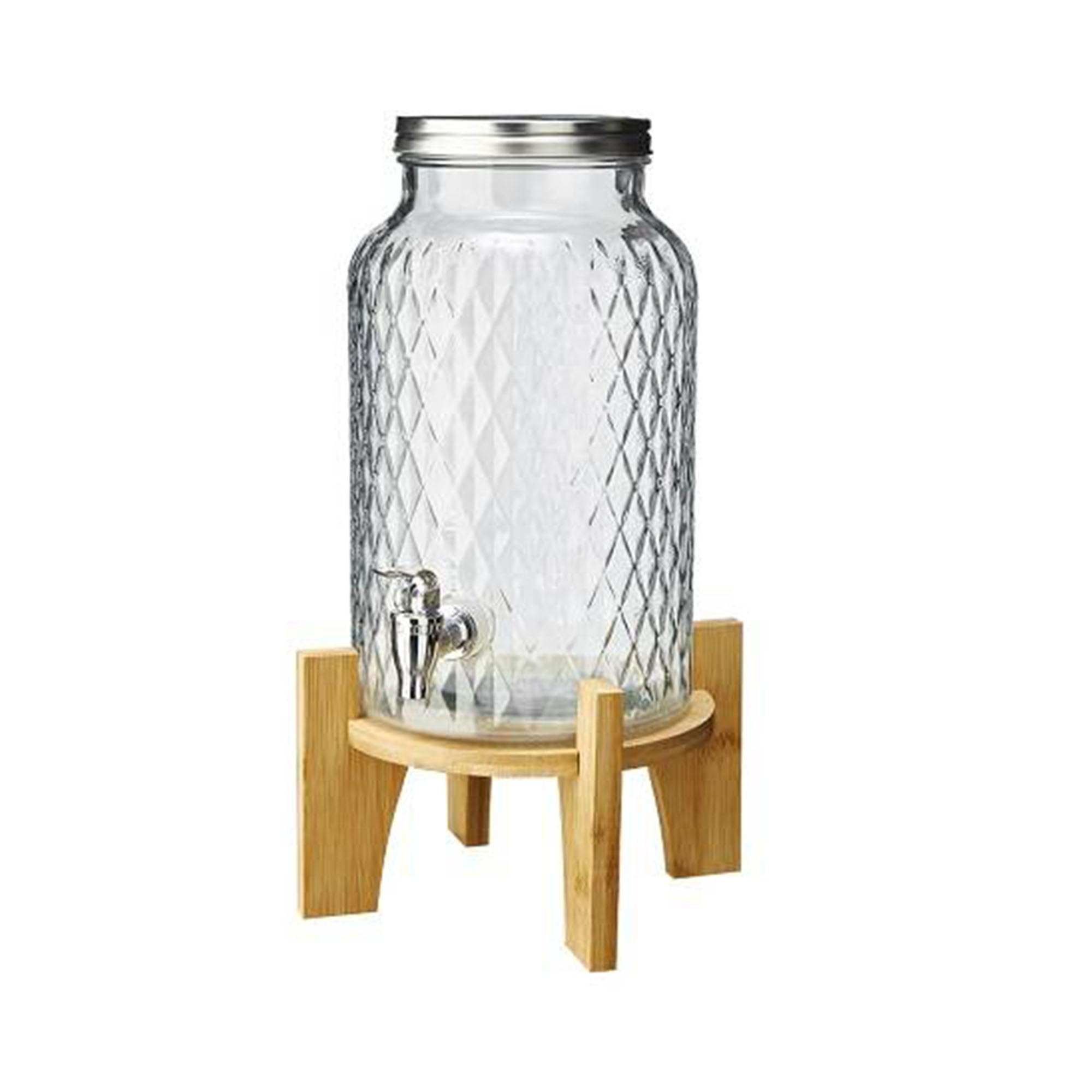 MAQA Dispenser per bevande in vetro con rubinetto, coperchio e supporto in faggio - adatto per acqua, bevande calde e fredde - dispenser da 5,6L