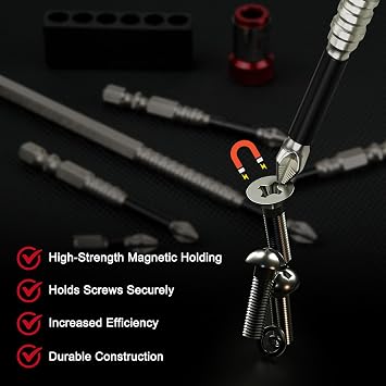High Magnetic Screwdriver Drill Bit Set, 6pcs K5 Impact Resistant Non Slip Bit, Precision Magnetic Bits for DIY/Pro Use, Flat, Cross, PZ Tips, 25 50 65 70 90 150mm