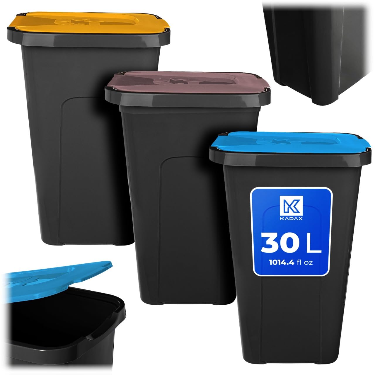 KADAX Juego de cubos de basura de 3 x 30 l, juego de cubos de basura para sistema de reciclaje, cubo de basura de plástico con tapa abatible (3, marrón, amarillo y azul)