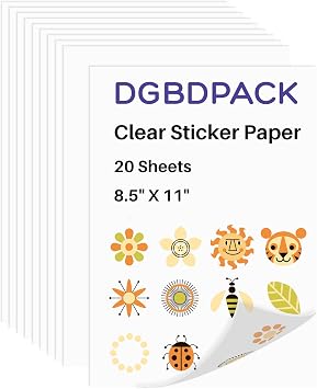 DGBDPACK Printable Vinyl Sticker Paper 8.5"x11" Glossy Sticker Paper 20 Sheets Translucent Self-adhesive for Inkjet Printer