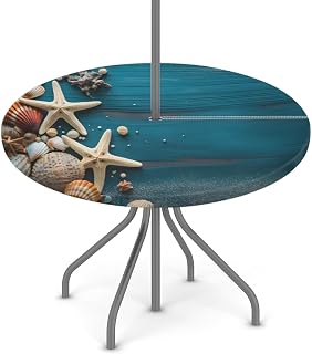 Round Outdoor Tablecloth with Umbrella Hole Wooden Ocean Starfish Round Fitted Table Cloth Waterproof Umbrella Tablecloth with Zipper Elastic Outdoor Patio Table Cover, Fits 36"-44" Tables
