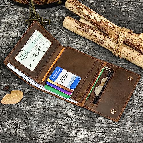 Men's Tri-fold Vintage Biker Cowhide Top Grain Leather Steel Chain Wallet, Chain Wallets for Men Cow Leather Wallet, Snap Closure3