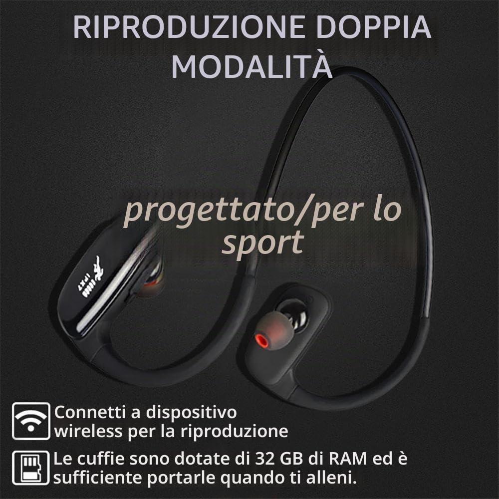 CYBORIS Auricolari Bluetooth 16 GB di Memoria Incorporata Lettore MP3 Cuffie Bluetooth in Nuoto Esecuzione Cuffie Qualità Audio Hi-Fi Stereo Wireless Sportive Impermeabili IPX7 (nero)