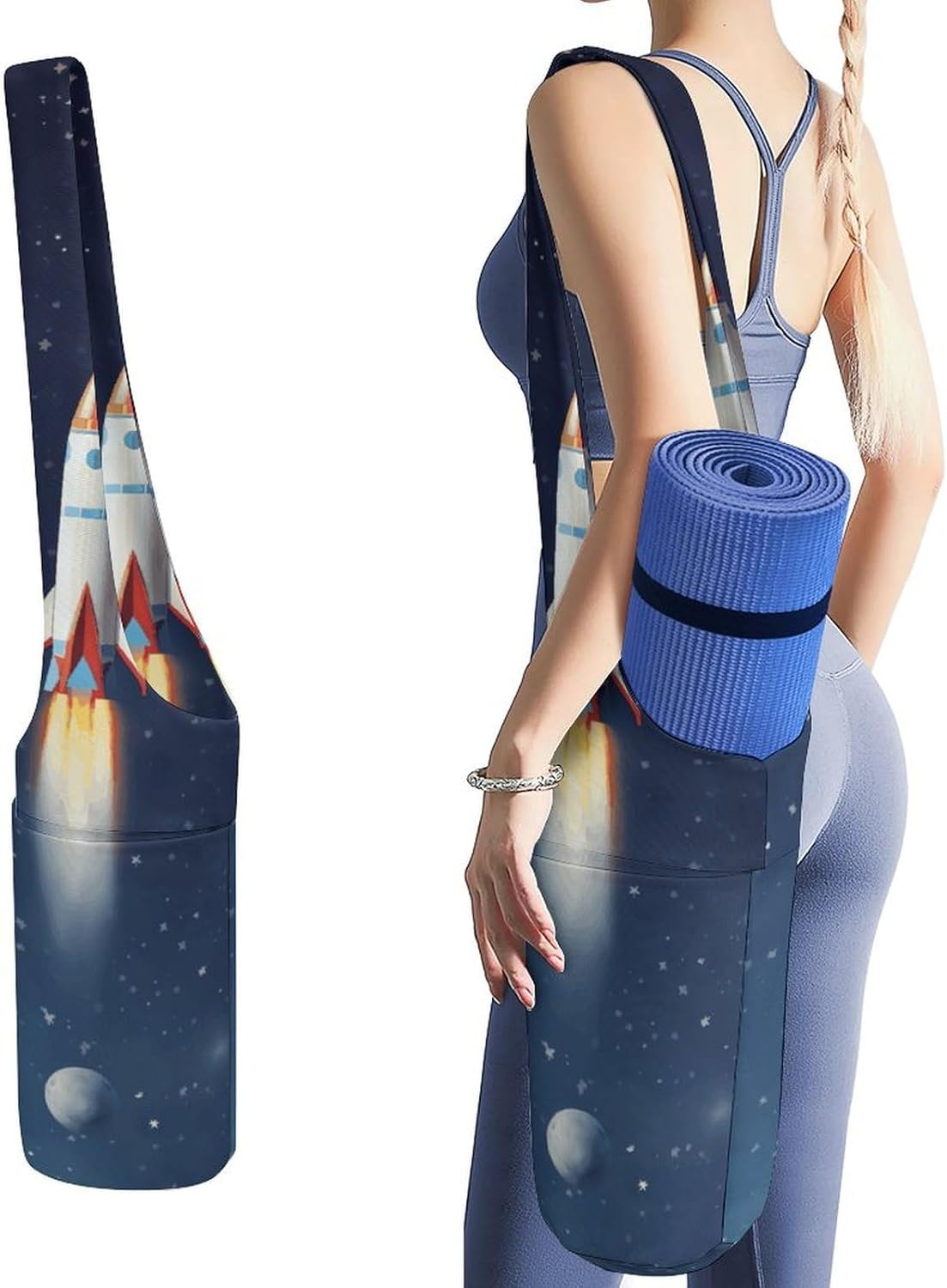 Rocket in Space Yoga Mat Bag Yoga Backpack Multi Pocket Exercise Yoga Mat Carrier Multi-Functional Storage Bag for Pilates Beach Travel And Everyday Use