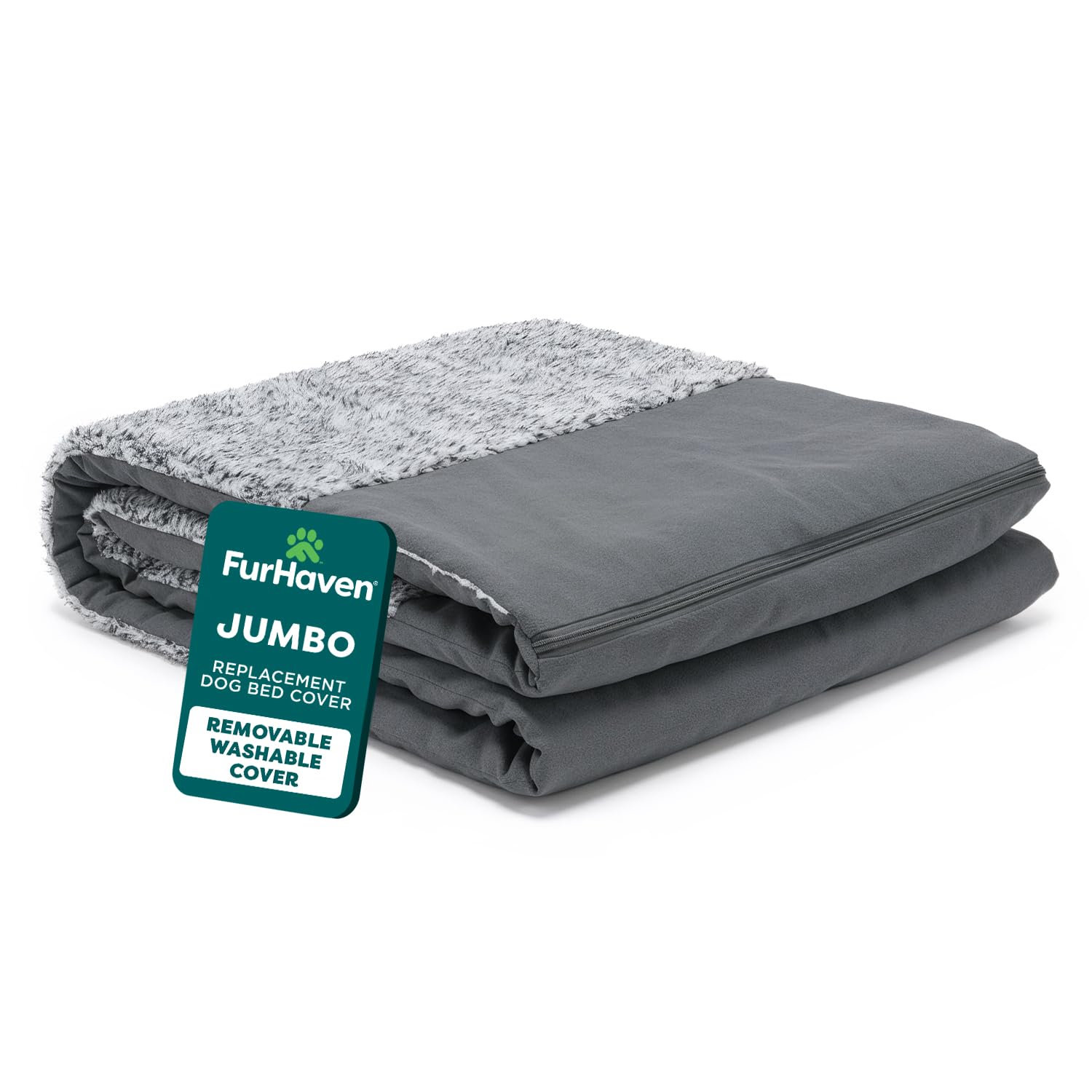 FurHaven Pet Dog Bed Cover | Two-Tone Plush Faux Fur & Suede L Shaped Chaise Lounge Living Room Corner Couch Pet Bed Replacement Cover for Dogs & Cats, Stone Gray, Jumbo