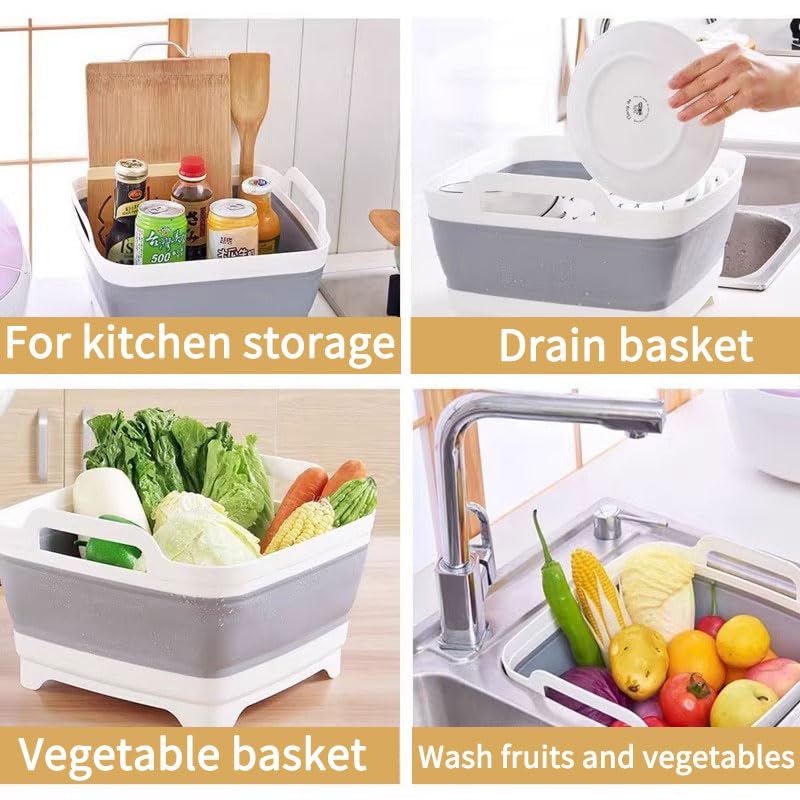 Image of 2.4Gal(9L) Foldable Dish Wish Drain Plug,Space Saving Outdoor Multiuse Sink Tub,Vegetable Washing,Kitchen Storage Tray for Camping,RV(Gray)
