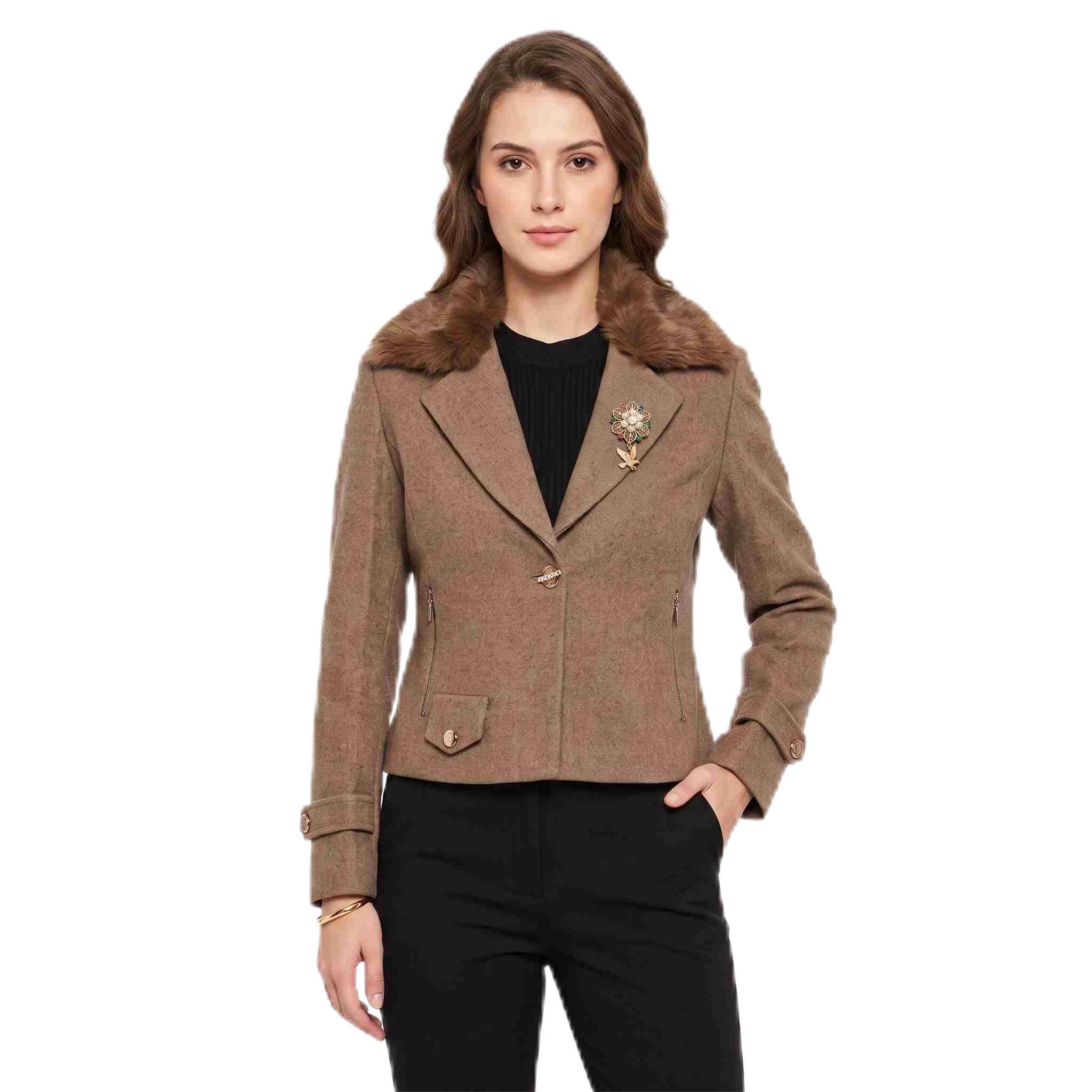 luvy duvy Women's Cropped Blazer with Faux Fur Collar - Tailored Single Button Short Jacket for Office, Business Casual & Formal Wear Brown-picture-17
