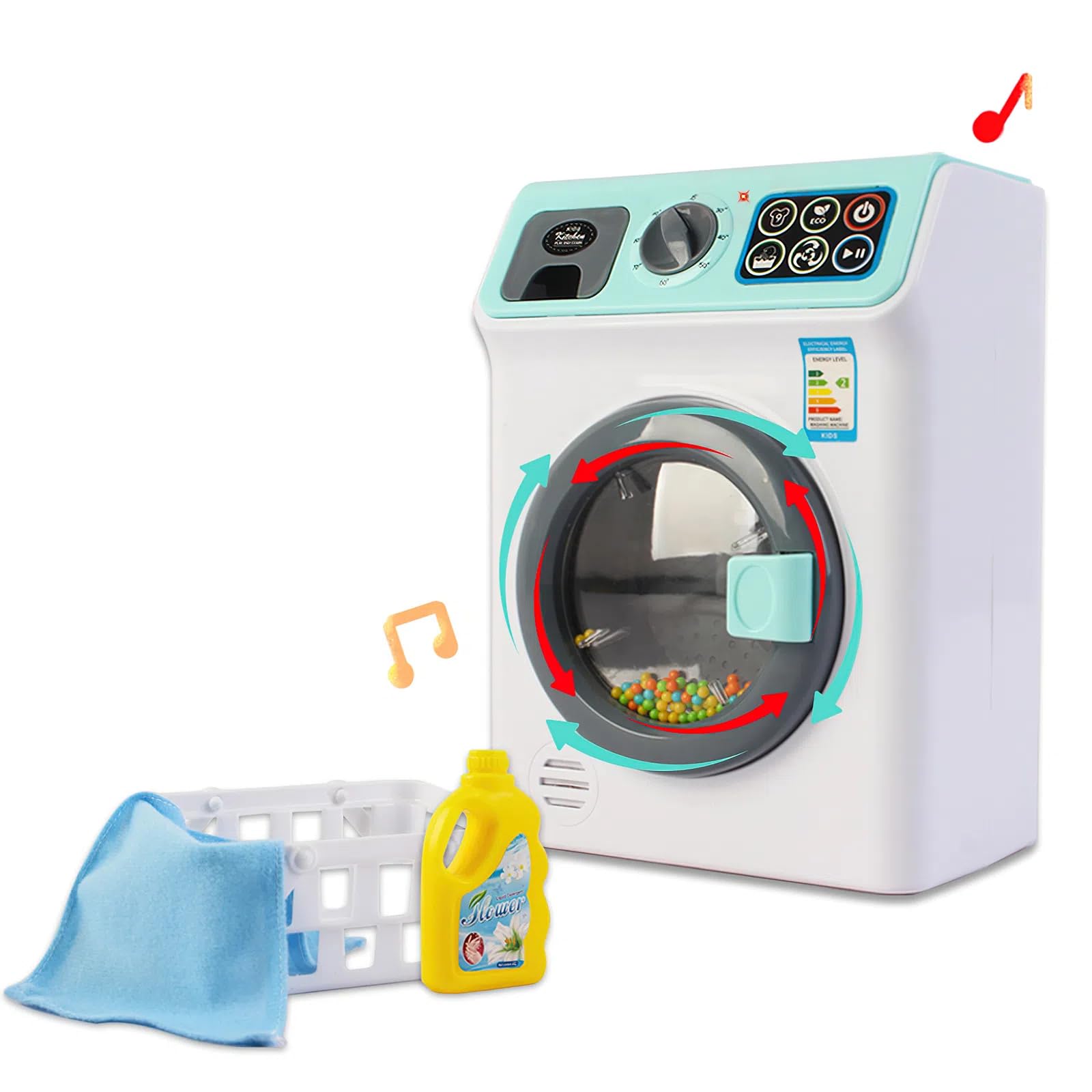 deAO Toy Washing Machine for Kids, Pretend Play Cleaning Set with Realistic Spinning, Light and Sound functions, Educational Household Toy with Laundry Accessories for Boys & Girls (Blue)