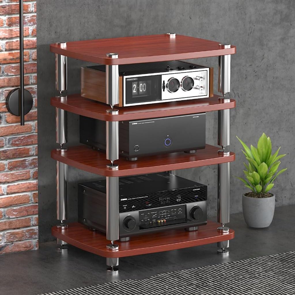4-poziomowy stojak na audio HIFI, stojak na płyty MDF z amortyzującymi nóżkami, półka na sprzęt HiFi, brązowy, 60 x 48 x 76 cm, trwała szafka audio dla audiofilów