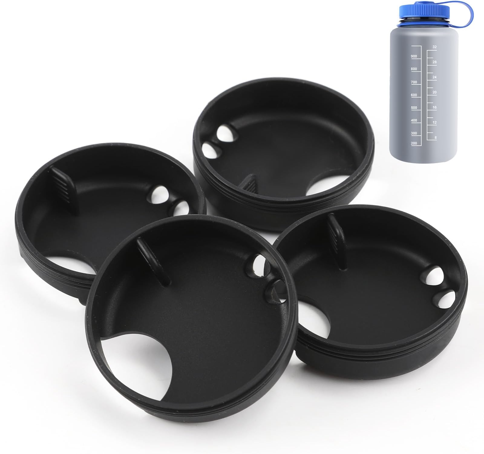 4pcs Silicone Splash Guard for Nalgene 32 oz Wide Mouth Lid, Anti-Spill Splashguard Easy Sipper for Nalgene Water Bottles Accessory (Black)
