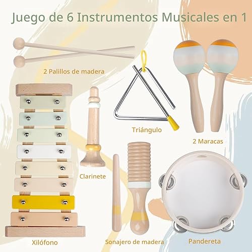 Miniatura 2 de Instrumentos musicales para bebés, juguetes Montessori de madera para niños pequeños de 1 a 3 años, colores neutros, juego de instrumentos de