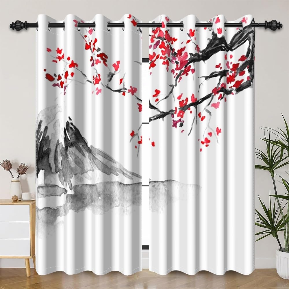 Amazon｜DORCEV 赤い梅の花 ウィンドウカーテン オリエンタル アジア