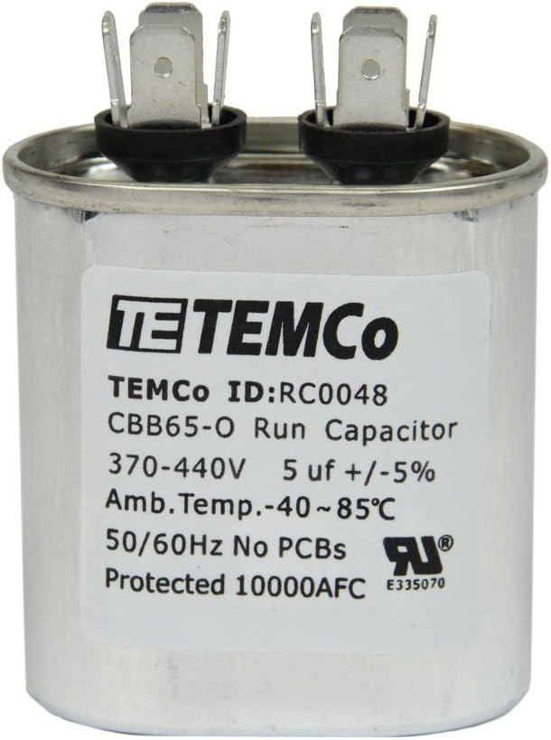 TEMCo 5 uF Run Capacitor CBB65, 5 MFD, 370-440V, Oval, 50/60Hz | for HVAC AC Fan, Motor, Blower Applications