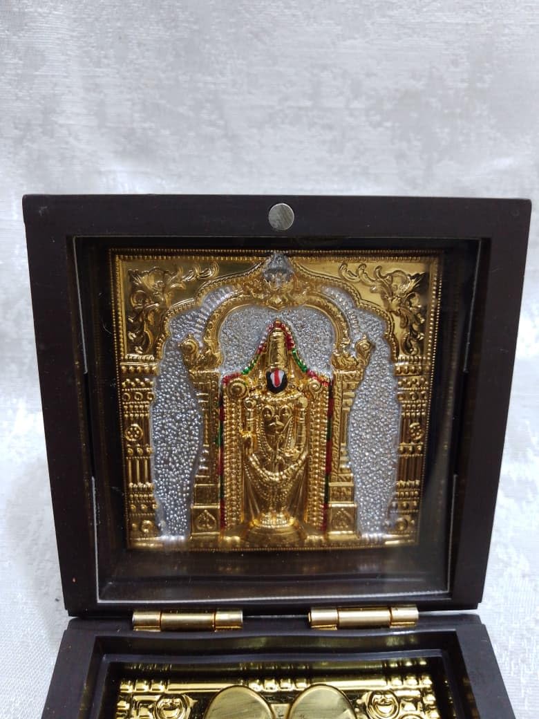 Om Sri Venkatesaya Namah Tirupati Balaji Pocket Temple Box with Charan Paduka, Gold Plated, Rectangle Shaped-image-6