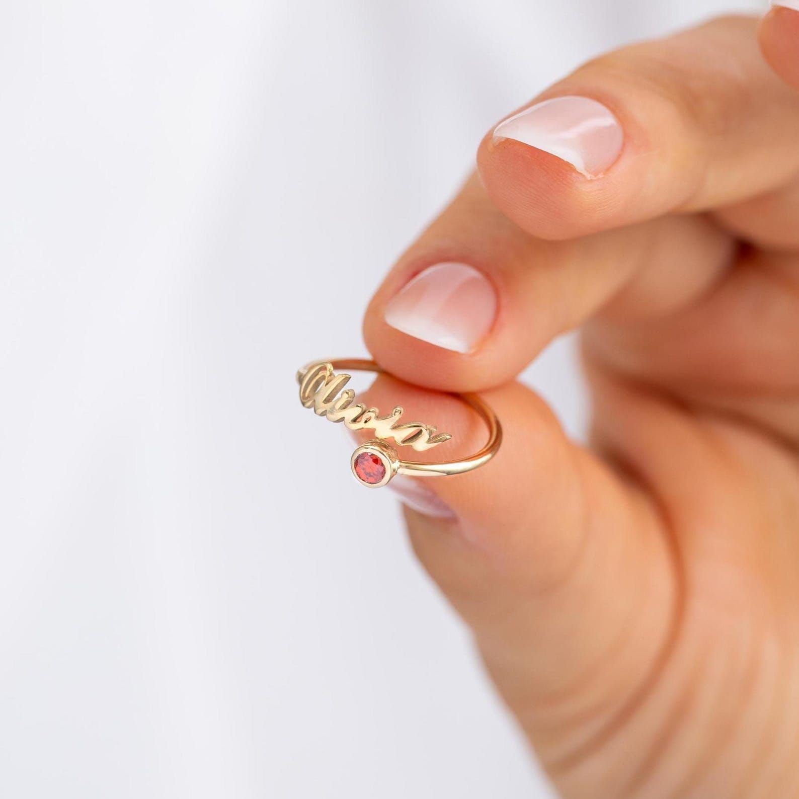 Personalisiert Geburtsstein Namensring individuell zum Stapeln Band minimalistisch Schmuck für Damen