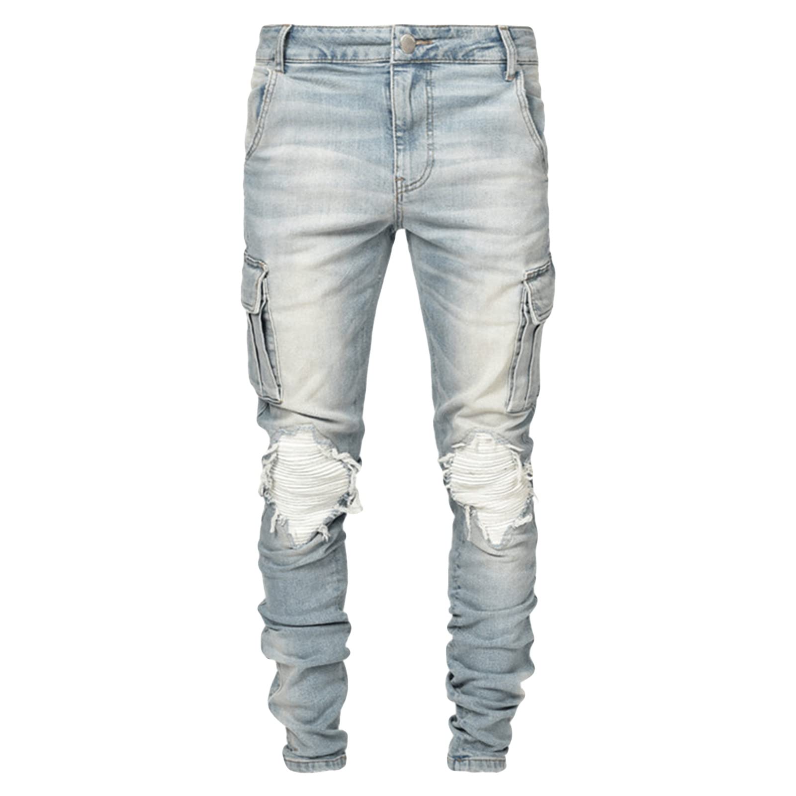 Maiyifu-GJ Men's Ripped Moto Biker Jeans Motorcycle Multi Pockets Denim Pants Distressed Skinny Holes Hip Hop Stretch Jean (Light Blue,30)