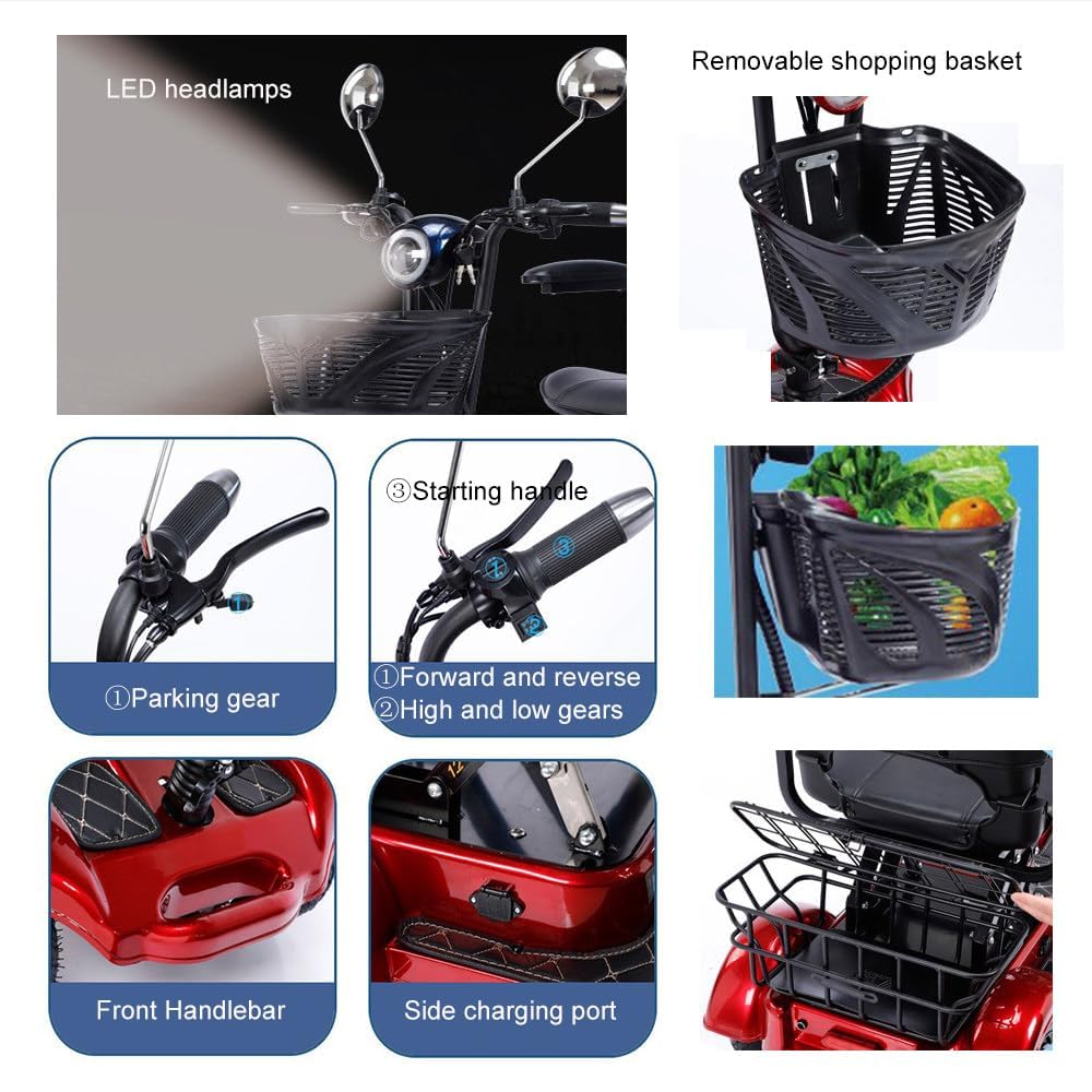 Scooter de mobilité à 4 roues pour adultes avec éclairage LED complet et scooter de mobilité à deux places, capacité : 48V/20A, charge : 200kg(440lb)