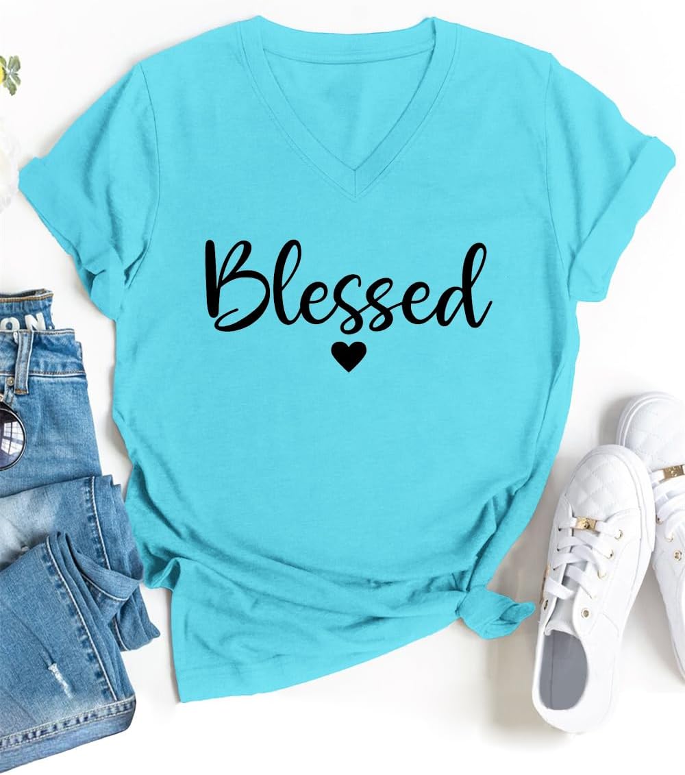 Blessed Shirts Women Cute Heart Graphic Tee V-Neck Short Sleeve Thankful T Shirt Casual Christian Religious Faith Top - Image 4