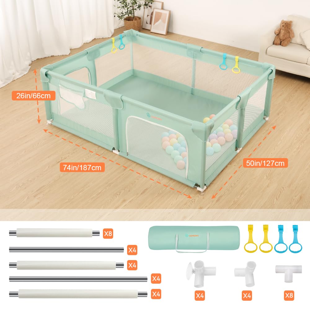 COMOMY Parque Infantil Bebe, 188 x 127 x 66 cm Corralito Bebe con 4 Anillas, Corral Bebe con Malla Suave y Transpirable, Centro de Actividades para Niños, Verde