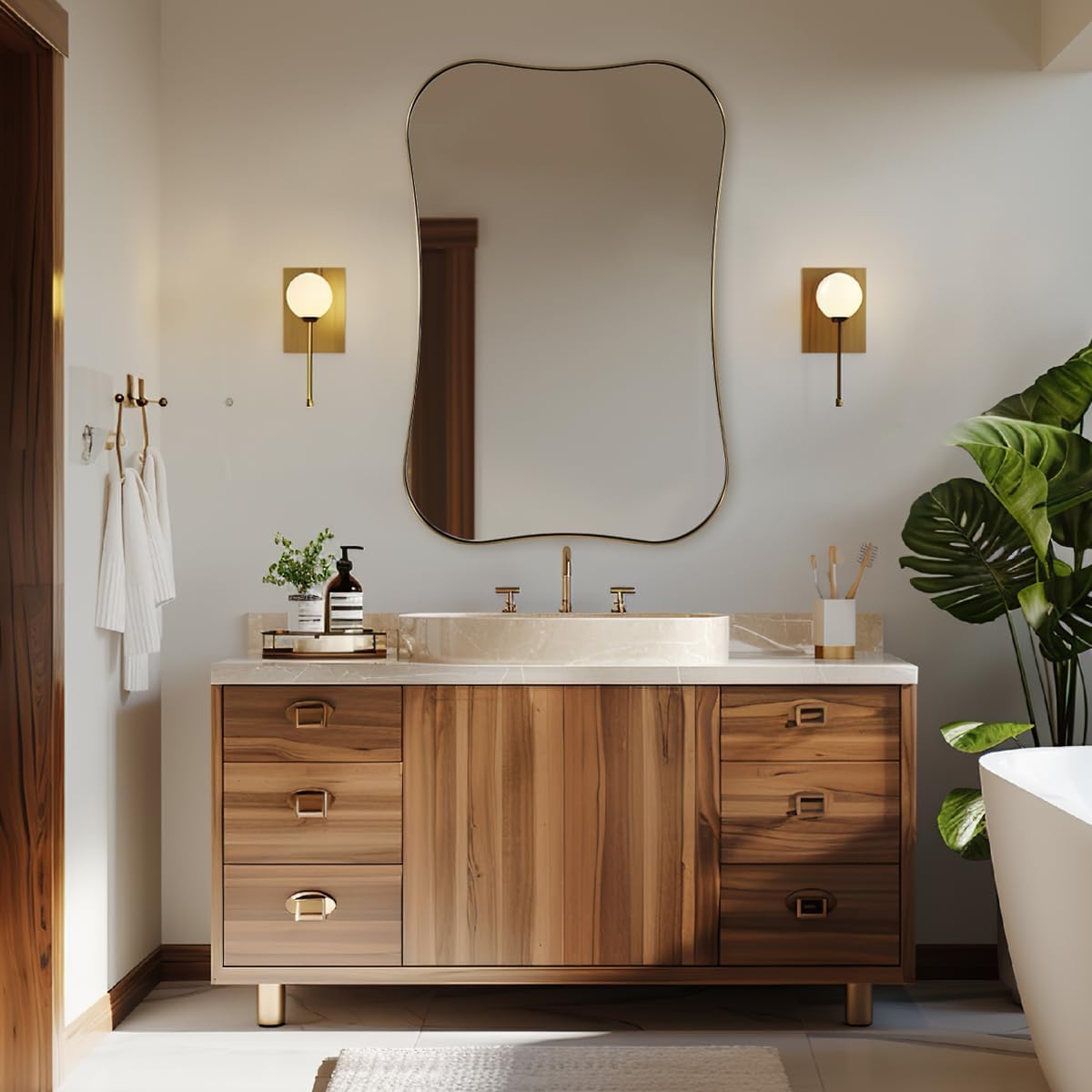 ANDY STAR Brushed Gold Bathroom Mirror 24x36'', Modern Scalloped Brass Vanity Mirrors, Notched Edges Bathroom Wall Mirror in 1 Inch Stainless Steel Frame Wall Mounted for Bathroom Vanity, Powder Room