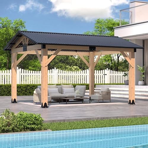 11‘x13’ Outdoor Patio Wooden Gazebo - Cedar Solid Wood Gazebo with Galvanized Steel Roof, Wooden Frame, Pavilion for Lawns, Beach, Patio, Garden (11X13FT)