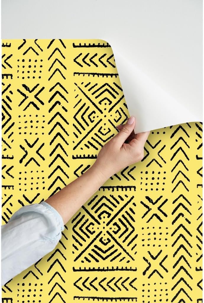 Peel & Stick Wallpaper 3ft x 2ft - Line Mud Cloth Yellow Large Africa African Tribal Afrocentric Custom Removable Wallpaper by Spoonflower