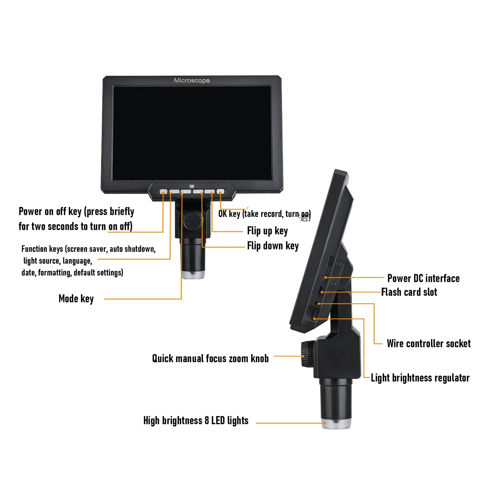 PUSOKEI Mikroskop Cyfrowy 10,1 Cala dla Dorosłych, Mikroskop Elektroniczny HD 2000X 12 MP z Oświetleniem Wypełniającym LED, Ręczne Ustawianie Ostrości, Ogniskowa 10–130 Mm, Widok z