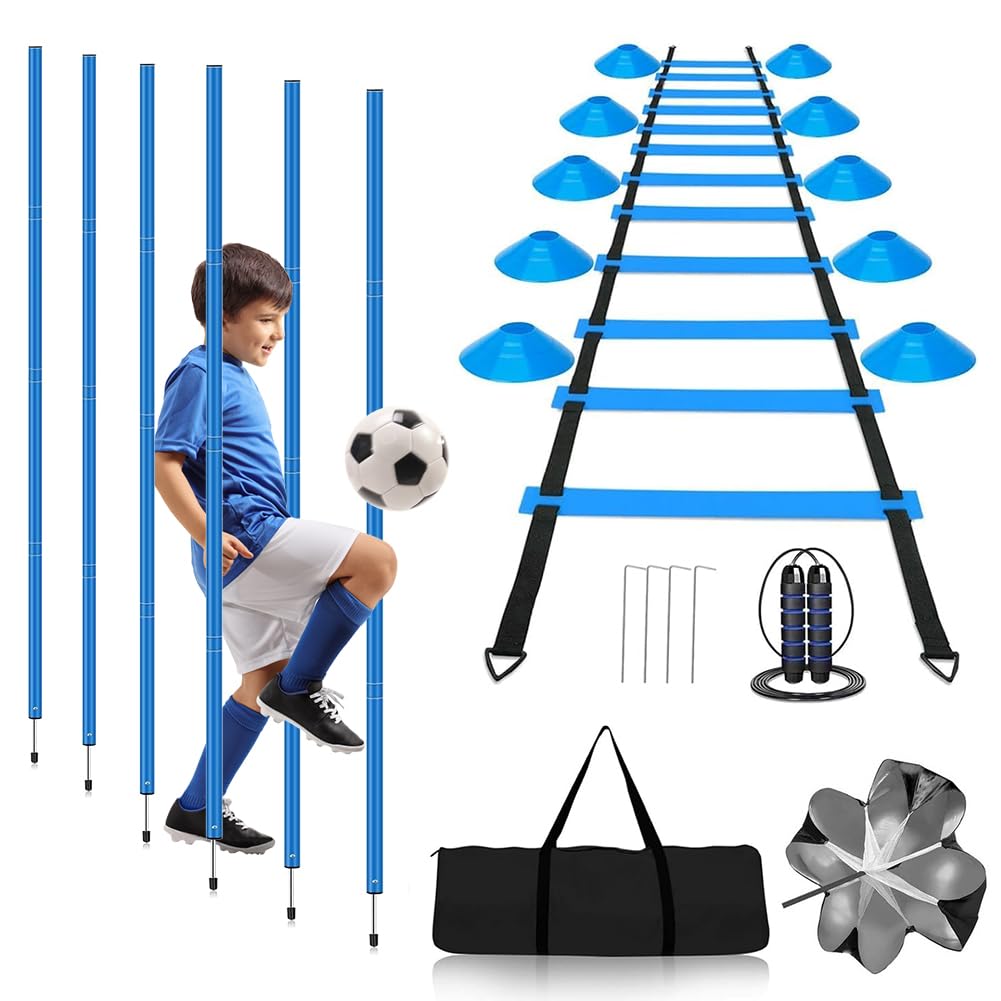 Set da allenamento per calcio, 6 aste slalom, scala di coordinazione 6 m, 12 cappelli, corda per saltare, paracadute di resistenza, set completo per allenamento di coordinazione