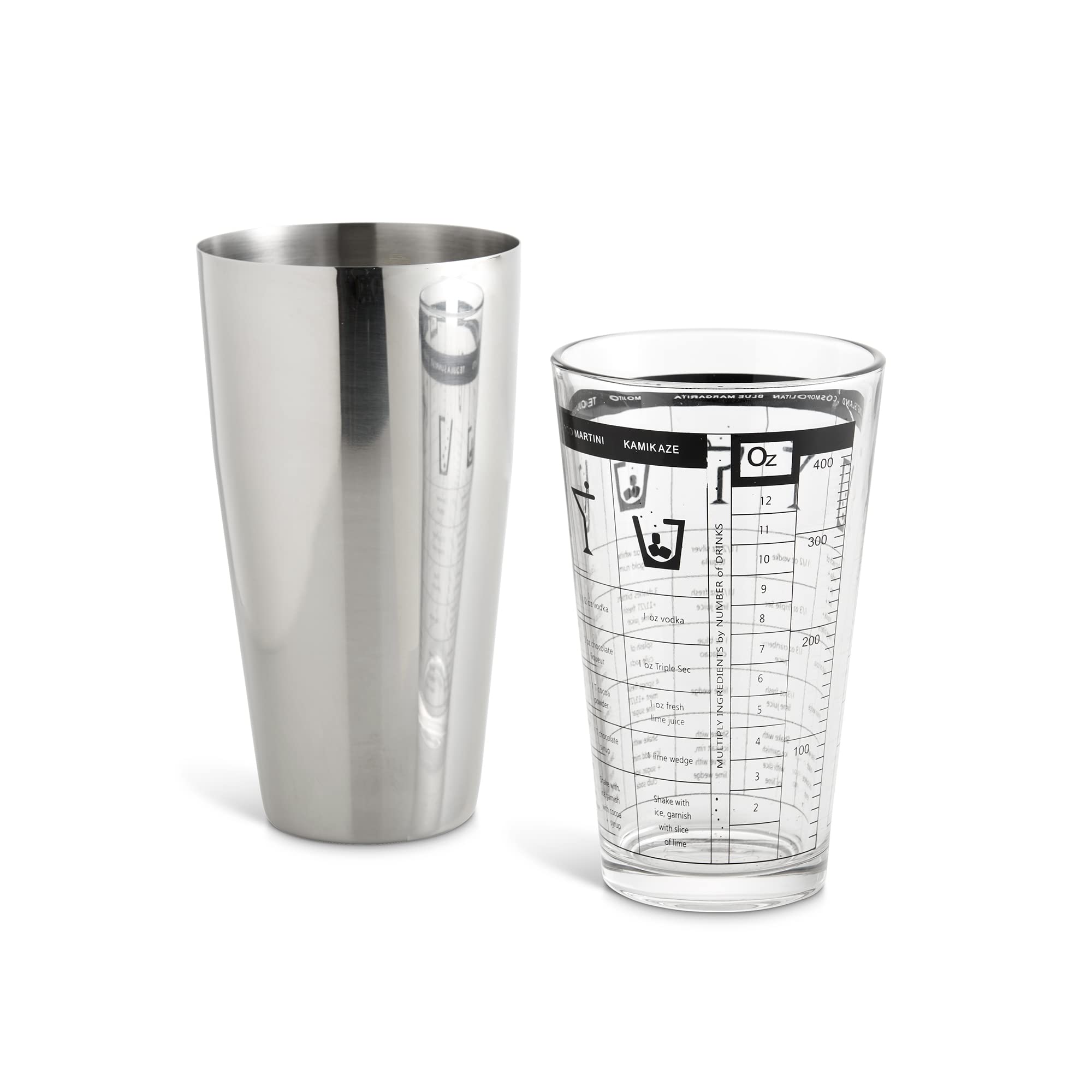 HIC Kitchen Bar Boston Cocktail Shaker and Mixer Glass Set with 7 Printed Recipes, 18/8 Stainless Steel and Borosilicate Glass