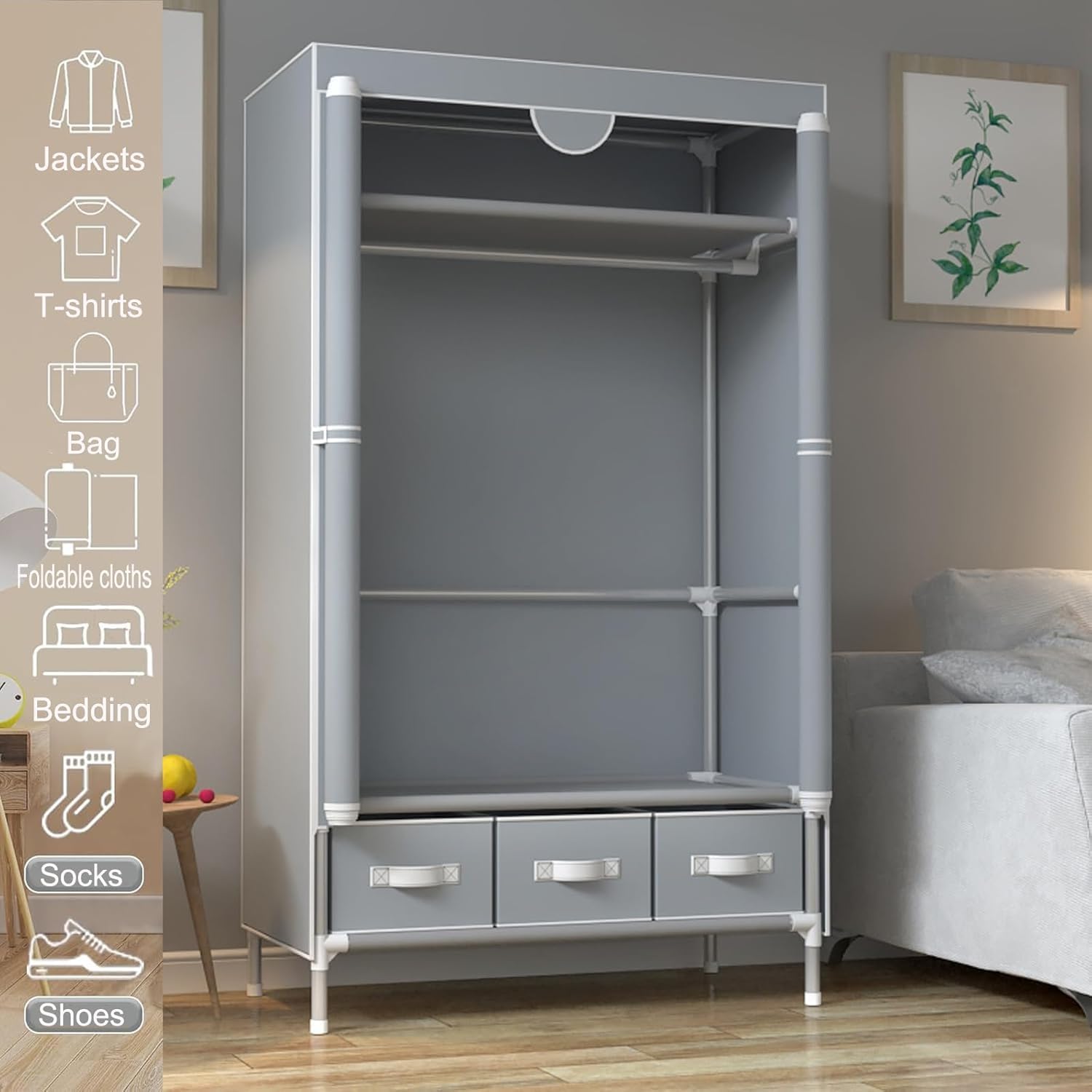 Kleiderschrank,Schlafzimmer Stoffschrank,Kleiderstander mit Schubladen,Faltbar Garderobe mit Kleiderstange