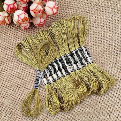 Image of 10 Skeins Yellow Gold Polyester Cross Stitch Thread Metallic Glitter Embroidery Floss Golden Silver Shimmer Crewel Polyester Floss Bulk for Sewing Making Home Decoration Friendship Bracelet