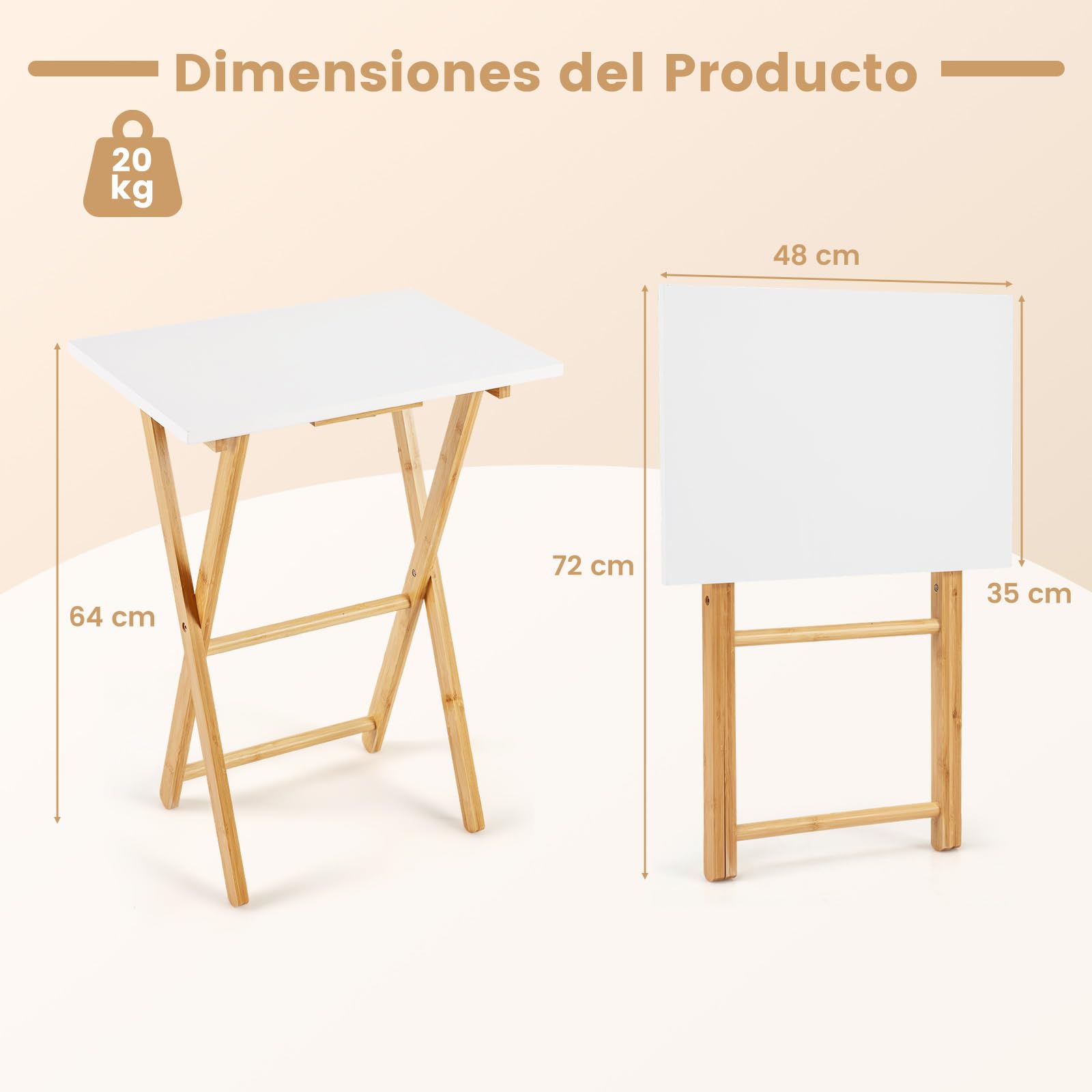 COSTWAY Juego de 2 Mesa Auxiliar Plegable de Bambú, Mesita Plegable para Sofá, 48 x 35 x 64 cm, Escritorio Pequeño Portátil para Espacios Pequeños, Cocina, Dormitorio y Salón, Blanco y Natural