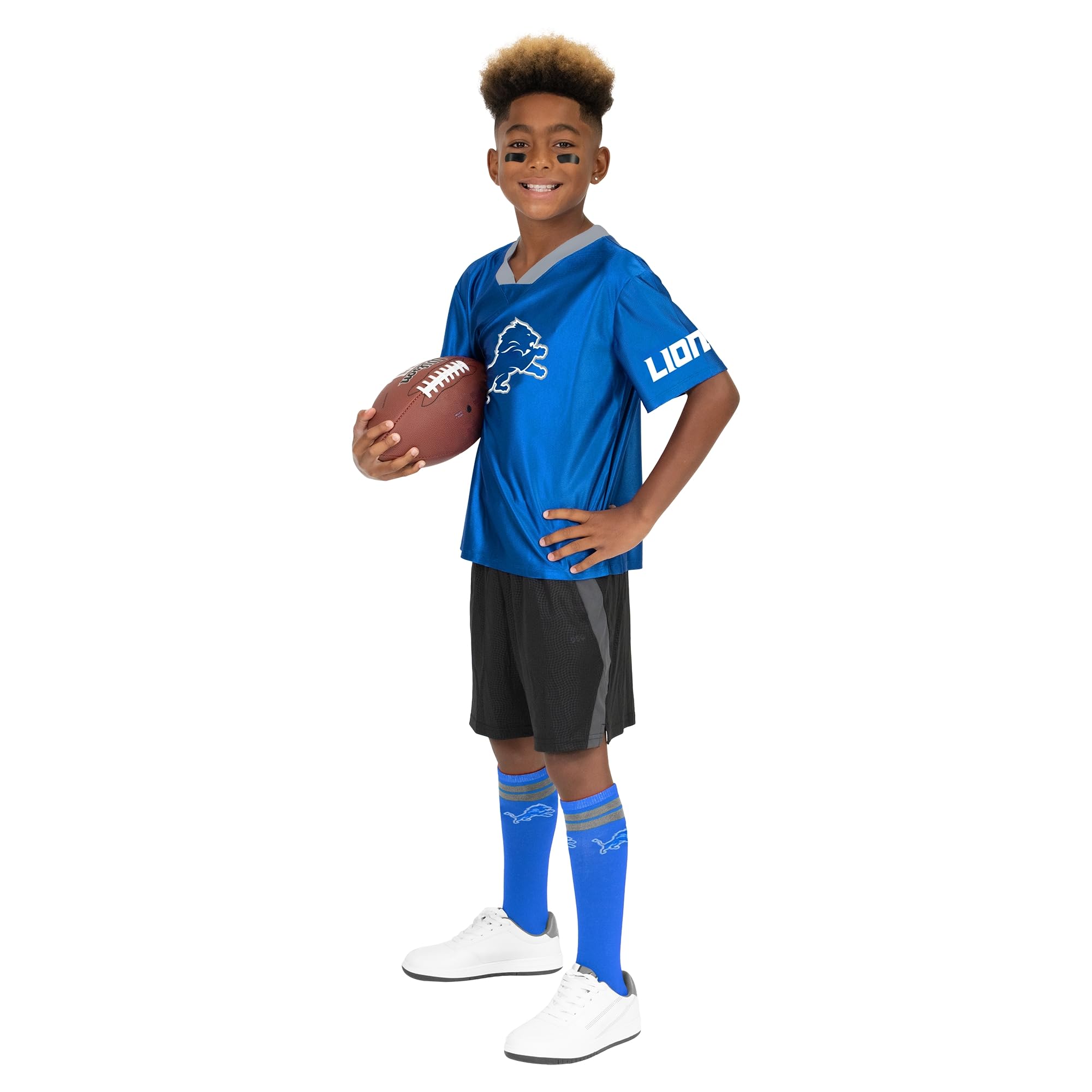 NFL Officially Licensed Detroit Lions Toddler Essentials Set Includes Short Sleeve Jersey, Eye Blacks and Matching Socks, Size 5T (3 Pc Set)