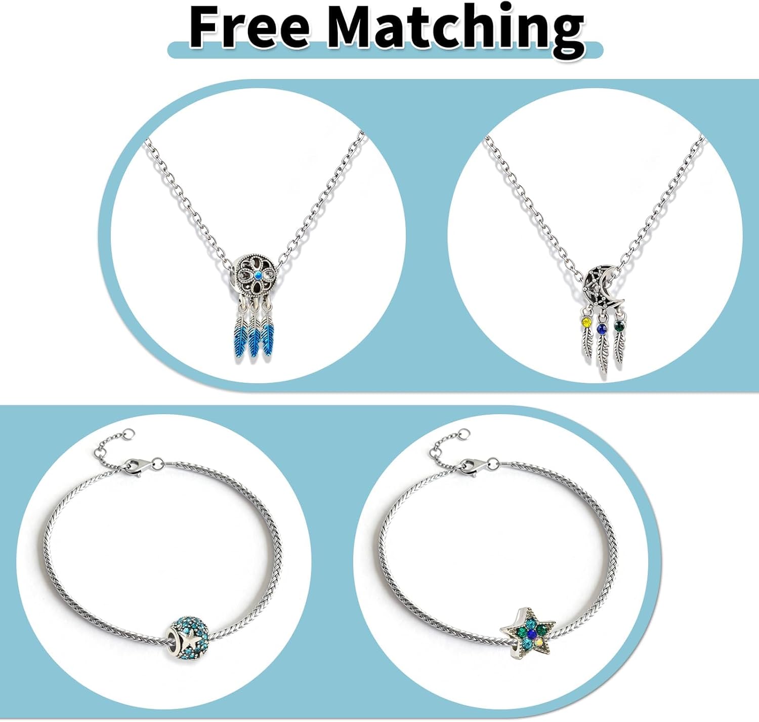 4pcs Charms for Pandora Bracelet Sterling Silver Charms with Cubic Zirconia Oceanic Starfish Spiritual DreamCatcher Feather Tassels Dangle Pendant Charm DIY Making Valentine's Gift for Women Teens - Image 5