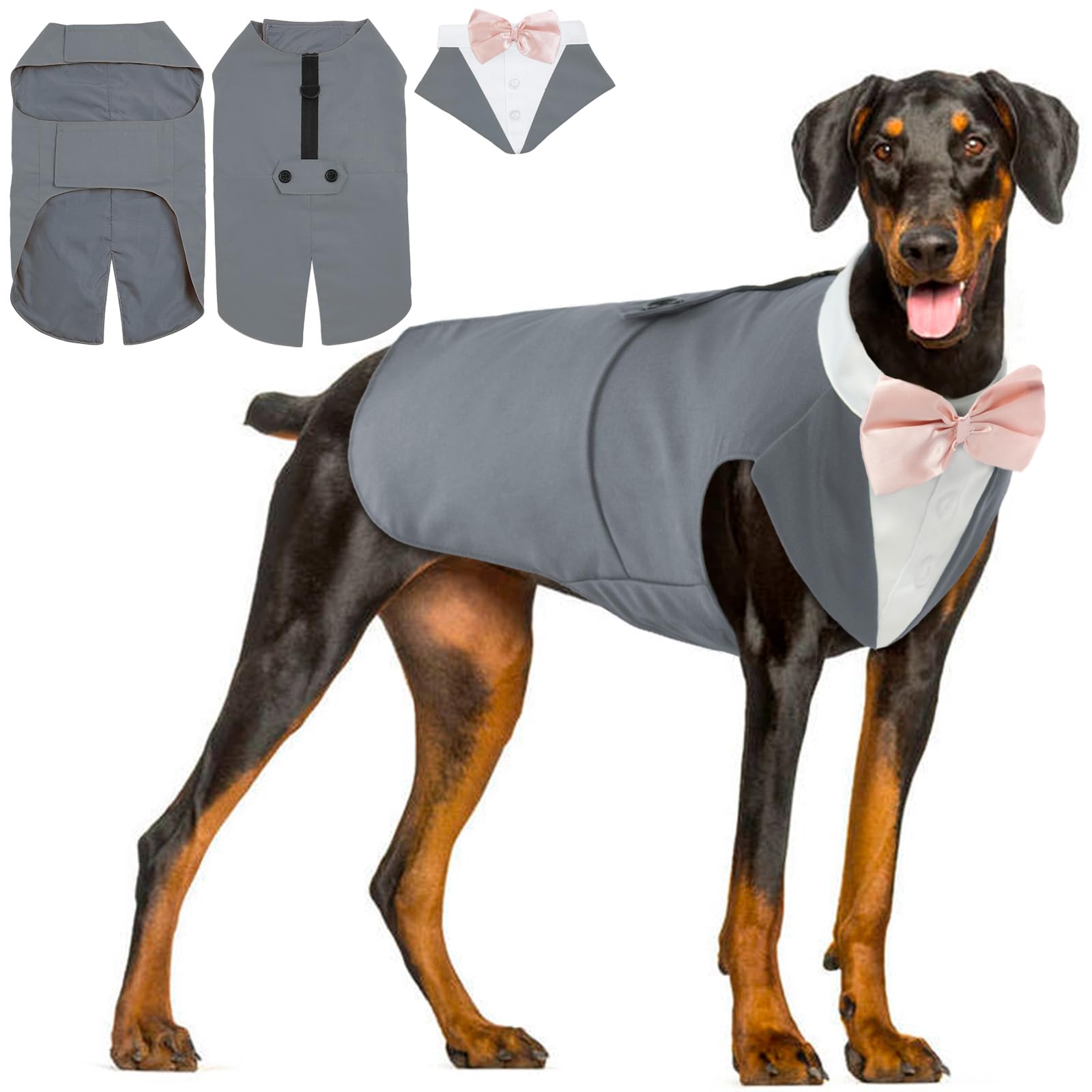Hjyokuso Traje de Esmoquin para Perros de Tamaño Pequeño/Mediano/Grande, Ropa para Mascotas, Camisa para Cachorros con Lazo Negro Extraíble, Disfraz Formal para Bodas y Festivales(Gris, L)