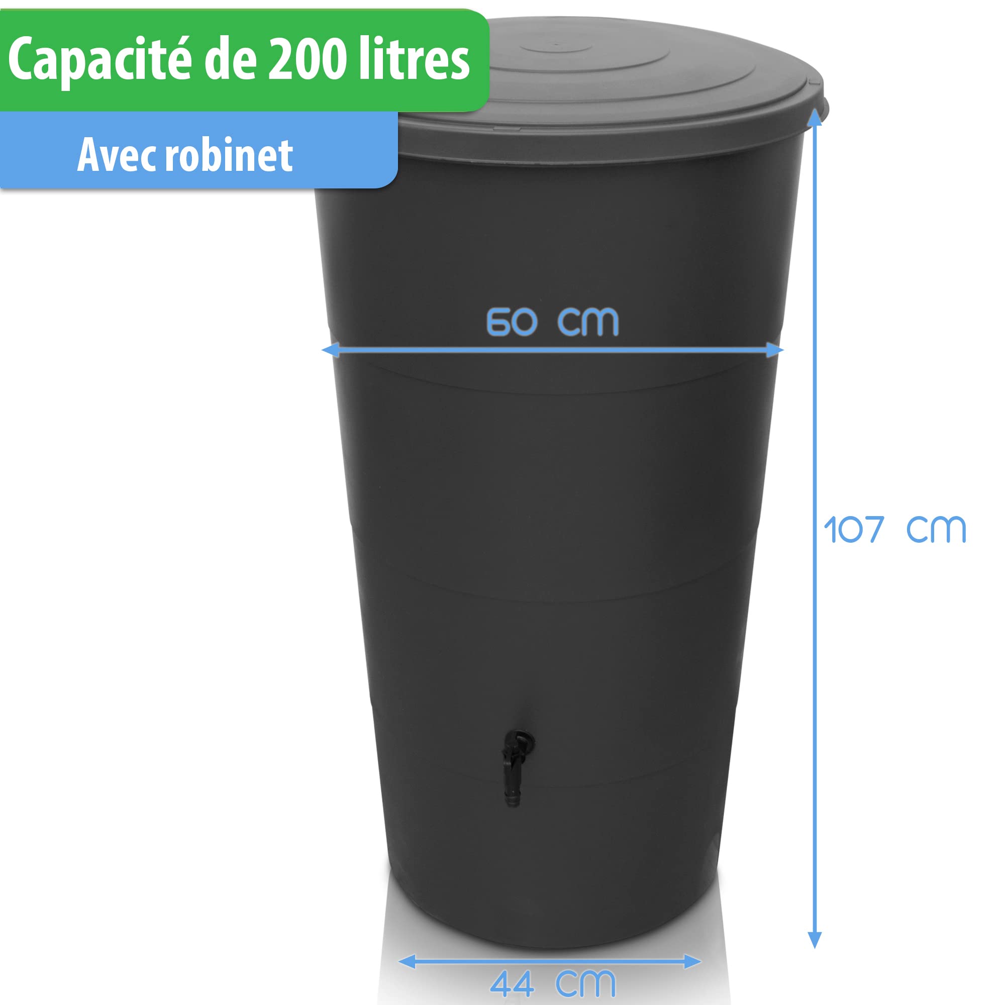 YourCasa récupérateur Eau de Pluie 200 litres [avec collecteur de Pluie] - avec raccord de Tuyau de Descente – Récupérateur Eau de Pluie avec Robinet - Reservoir Eau de Pluie (Anthracite, 200L)