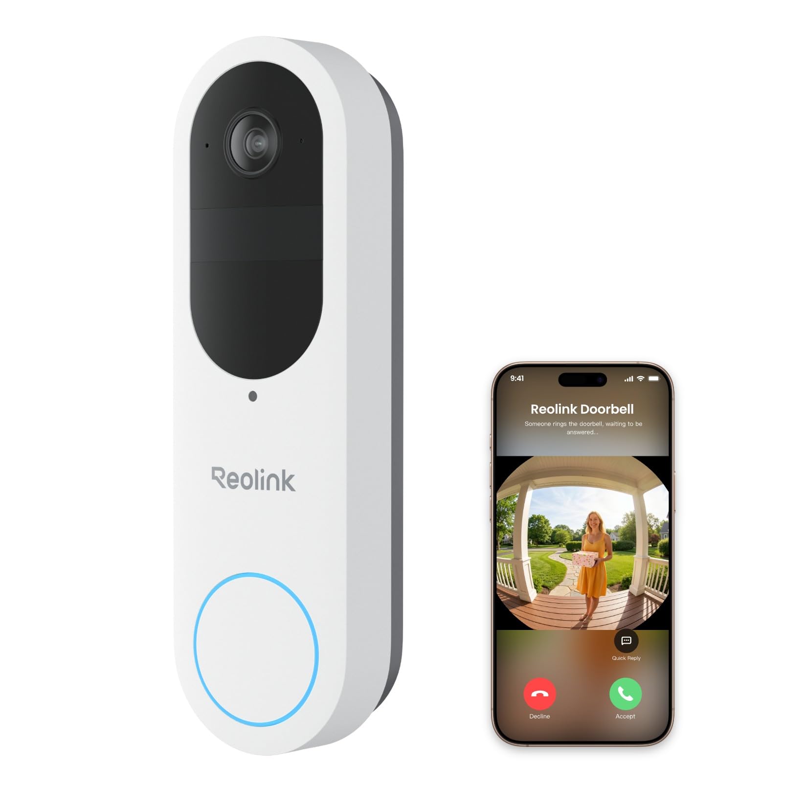 No Subscription Local Storage, Outdoor, 4MP, 150°x150° Head-to-Toe View, 2.4/5 GHz Wi-Fi,Smart Detection, Live Two-Way Talk REOLINK Battery Video Doorbell (2nd Gen) 2K Wireless Camera White Version