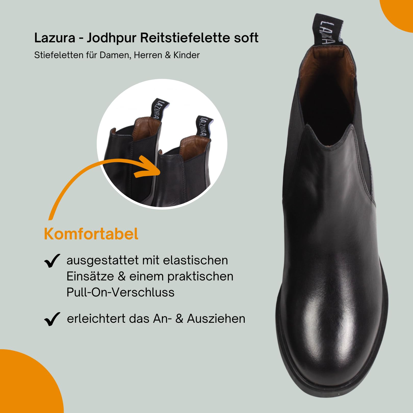 Lazura - Jodhpur Reitstiefelette Basic Plus | Kinder, Herren & Damen Stiefeletten mit Elastikeinsatz & Pull-On | schwarze Chelsea Boots aus Leder | Reitschuhe in Größe 28-46