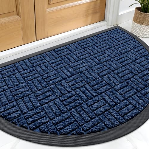 Image of OLANLY Half Circle Door Mat Outside Entrance 29.5x17, Absorbent, Heavy Duty Sturdy Natural Rubber Doormat Indoor Outdoor, Fade Resistant, Non-Slip Backing Low Profile Floor Mat for Entryway, Navy Blue