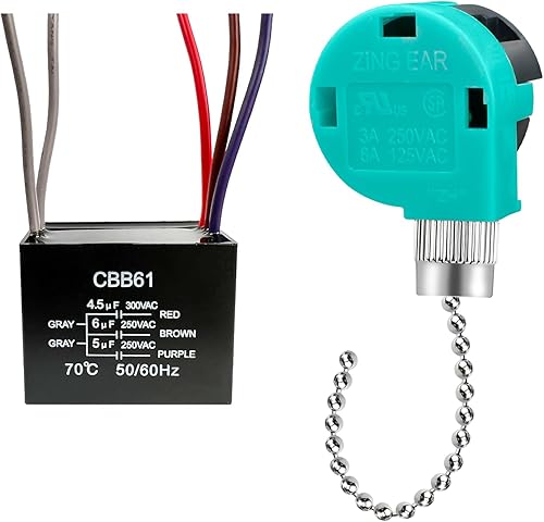YukiHalu Interruptor de cadena para ventilador de techo, 3 velocidades, 4 cables, condensador de ventilador de techo CBB61 4.5uf + 6uf + 5uf 5