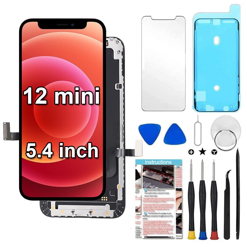 for iPhone 12 Mini Screen Replacement 5.4 inch, 3D Touch LCD Display Digitizer Assembly with Repair Tools (Model A2176, A2398,A2399,A2400)